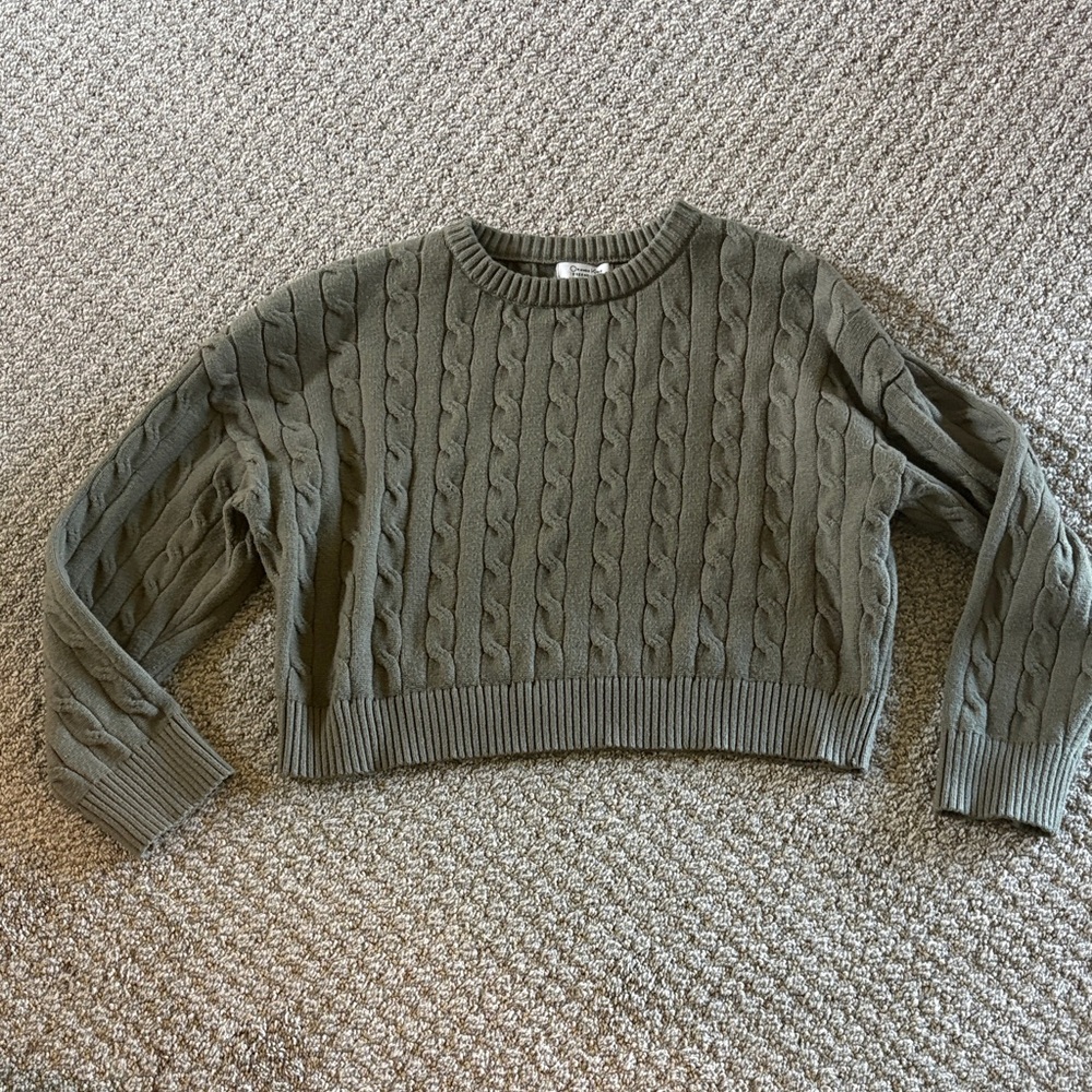 Khaki Cable Knit Crew Neck Cropped Sweater